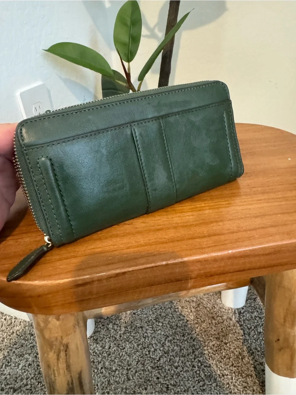 Coach Dark Green Leather Zip Wallet with Gold Buckle Accent
